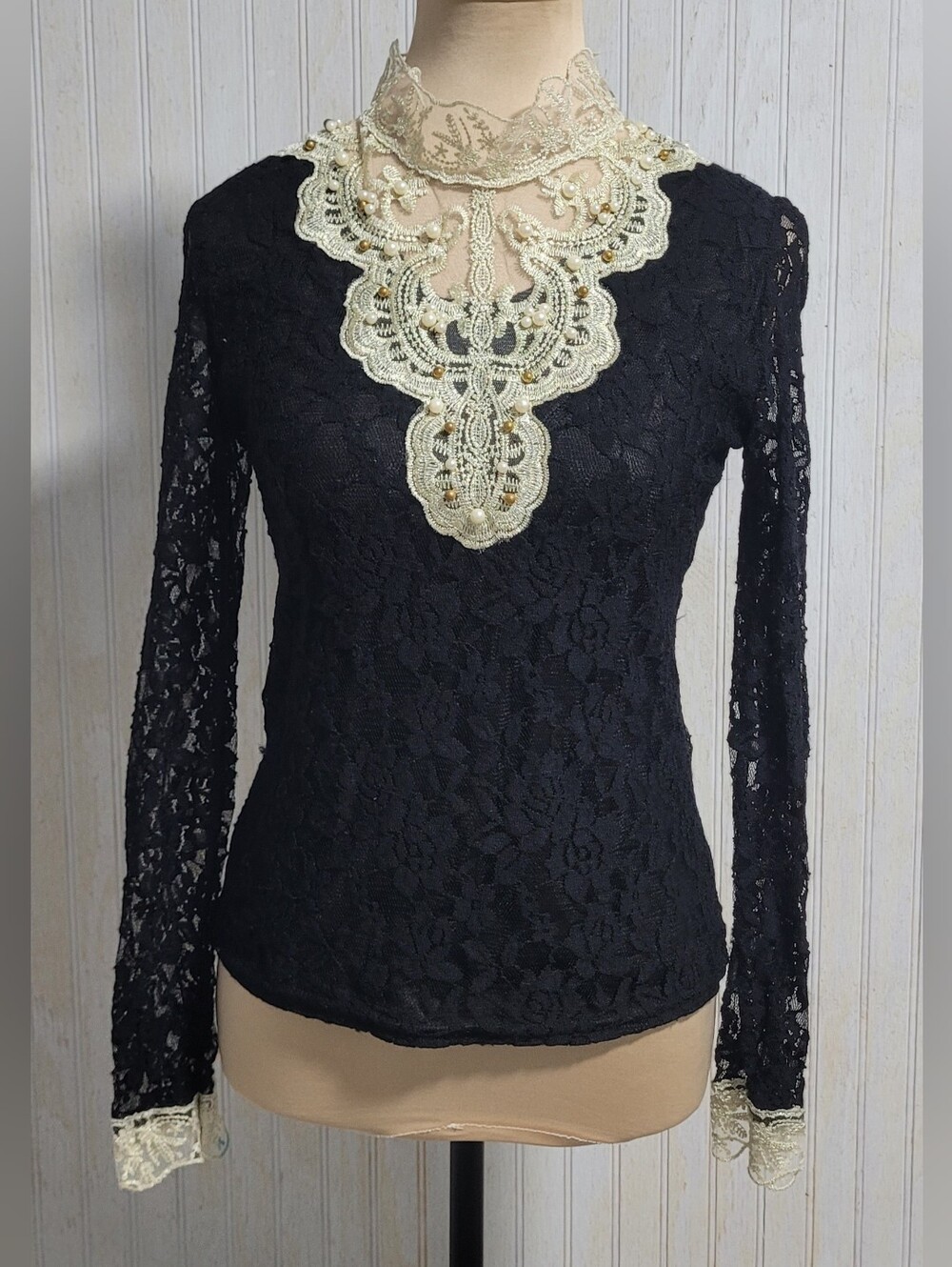 Korean Mori Style Beaded Pearl Lace Mock Neck Top Size XXL (Fits like S/M)